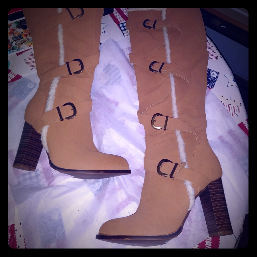Thigh high tan boots fur leila stone
